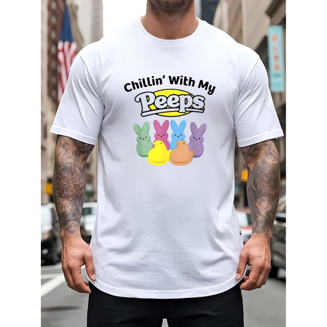 Men's Easter Rabbit Pattern T-shirt -100% cotton, casual round neck, short sleeved, cool design with my friends, black with colored rabbit ears