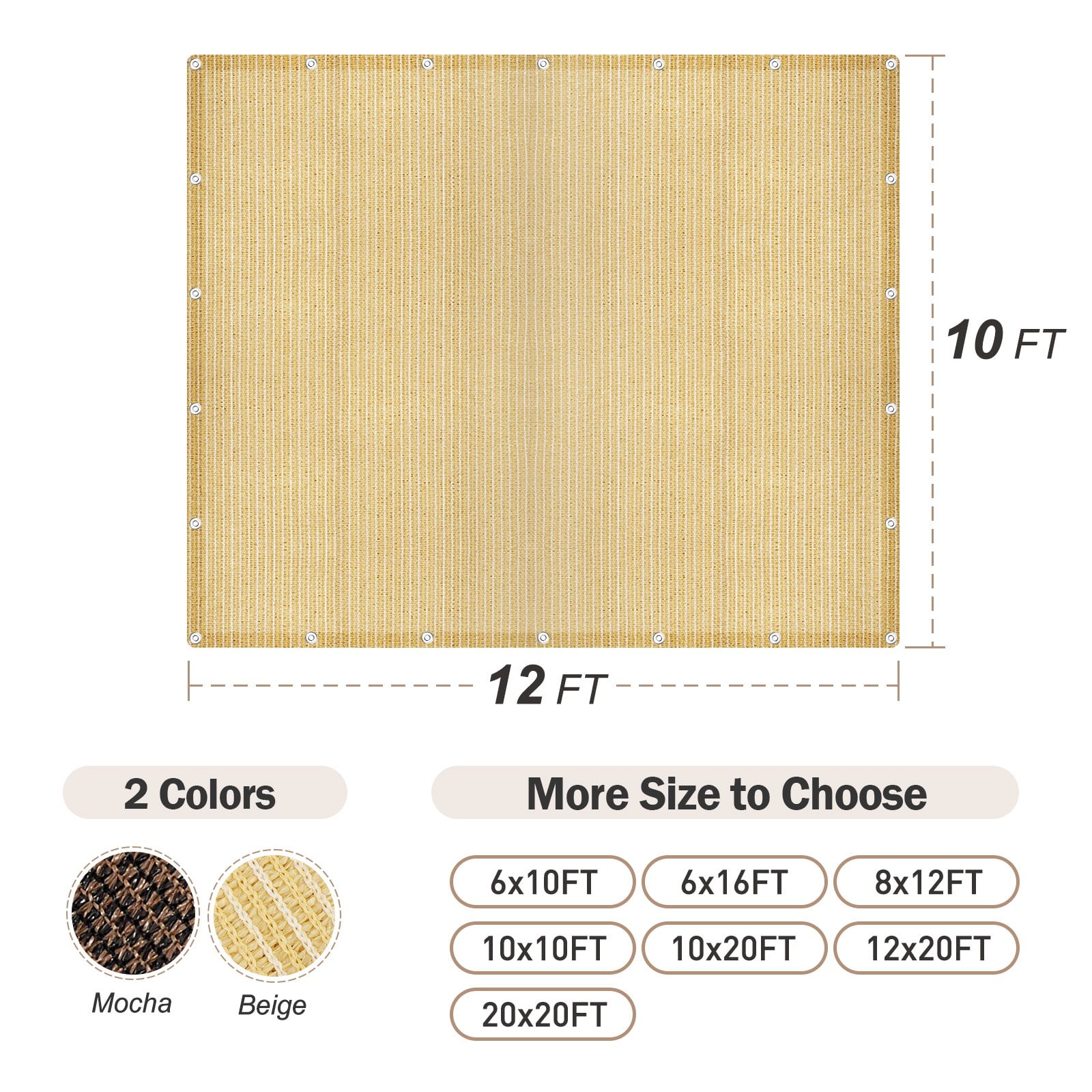 Outdoor Sun Shade Cloth 10x12 FT, Pergola, Deck, and Backyard Patio Sunshade with UV Protection, Heat Resistant HDPE Material, Reinforced Grommets