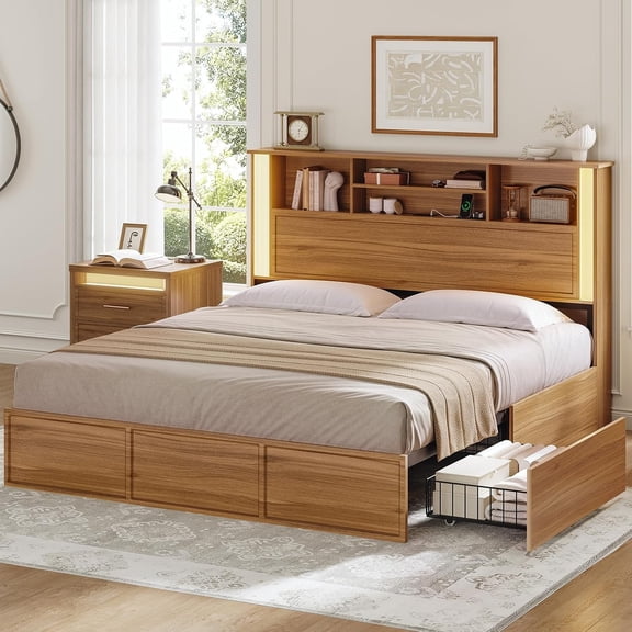 Full Size Bed Frame with 4 Storage Drawers and 3 Tier Storage Headboard, Wooden Bed Frame Full Size with Charging Station and 3 Color- Lightbox, No Box Spring Needed,Wood