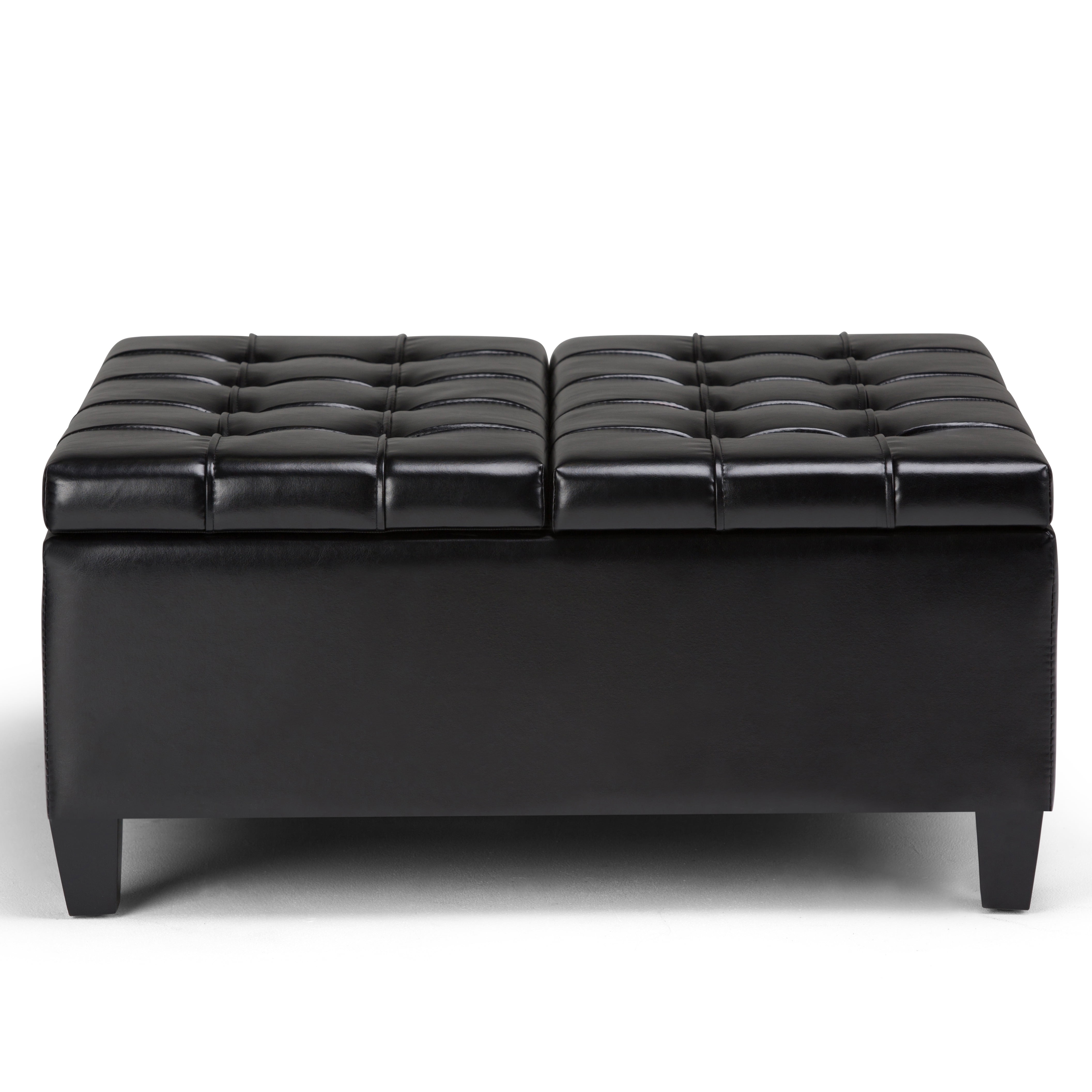 Simpli Home Harrison 36" Transitional Square Coffee Table Ottoman in Black Faux Leather