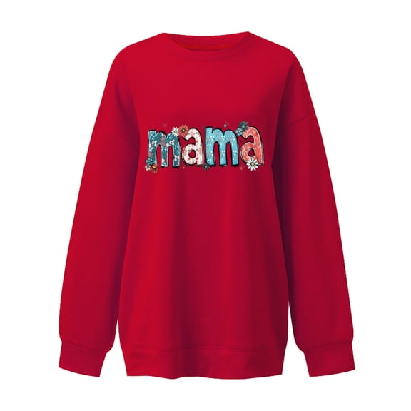 Mama Oversized Crewneck Pullover for Women - Casual Long Sleeve Round Neck Sweatshirt Top
