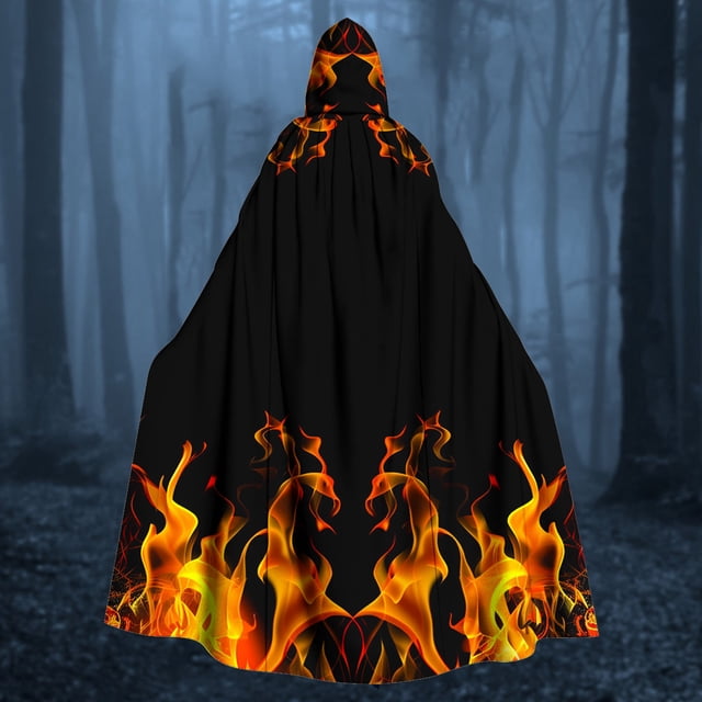 Capa unisex para mujer, larga, con capucha, para disfraz de cosplay, con estampado de llamas, para Halloween