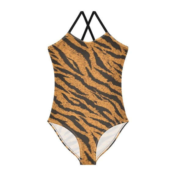 Girls' One-piece Swimsuit Cross Back Bathing Suit Beach Surfing Sizes 3T-10T Tiger Stripes Pattern