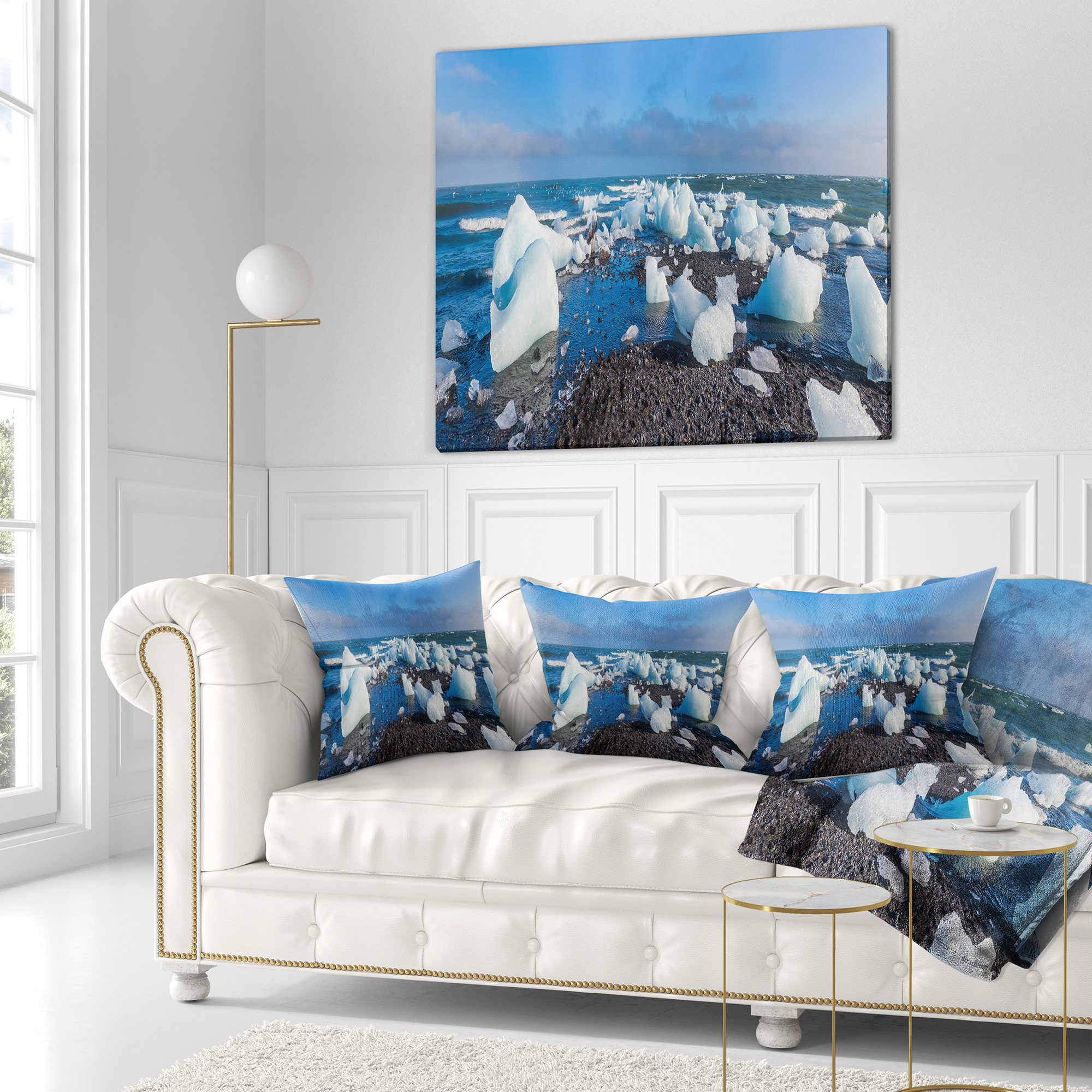Designart Ice Blocks on Sand Beach - Seashore Photo Throw Pillow - 16x16