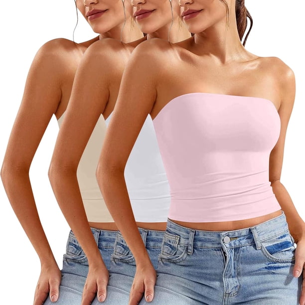 Blusa informal de verano sin tirantes de color liso para mujer, 3 piezas, de poliéster