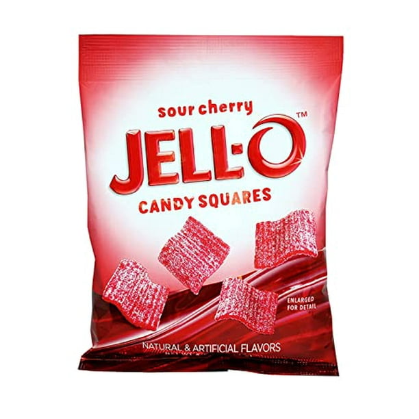 JellO Gummi Candy, Sour Cherry Squares, 4.5 Ounce Bag