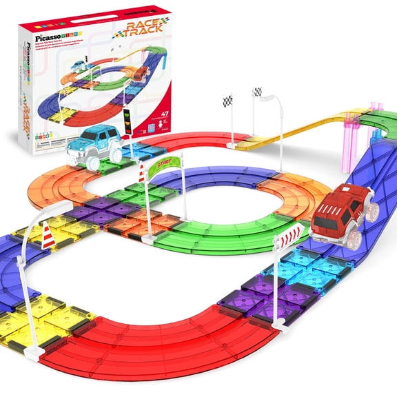 PicassoTiles 47pcs Magnetic Tiles Race Track Playset with Cars & Traffic Accessories,  STEM Construction Toy for Kids