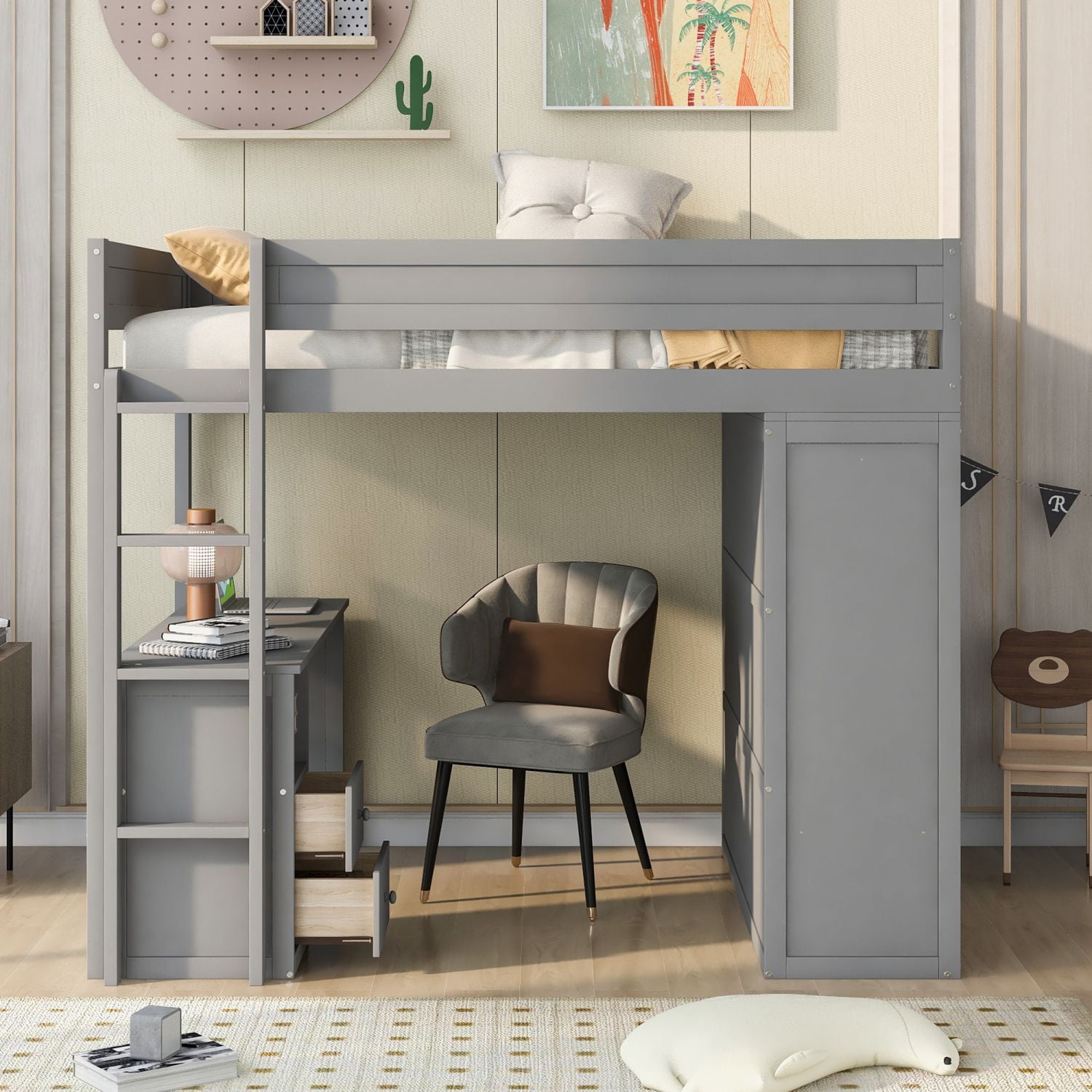 Asteroutdoor Wood Full Size Loft Bed with Wardrobes, 2-Drawer Desk, and Cabinet, Gray, 78.4 in L x 56 in W x 65 in H
