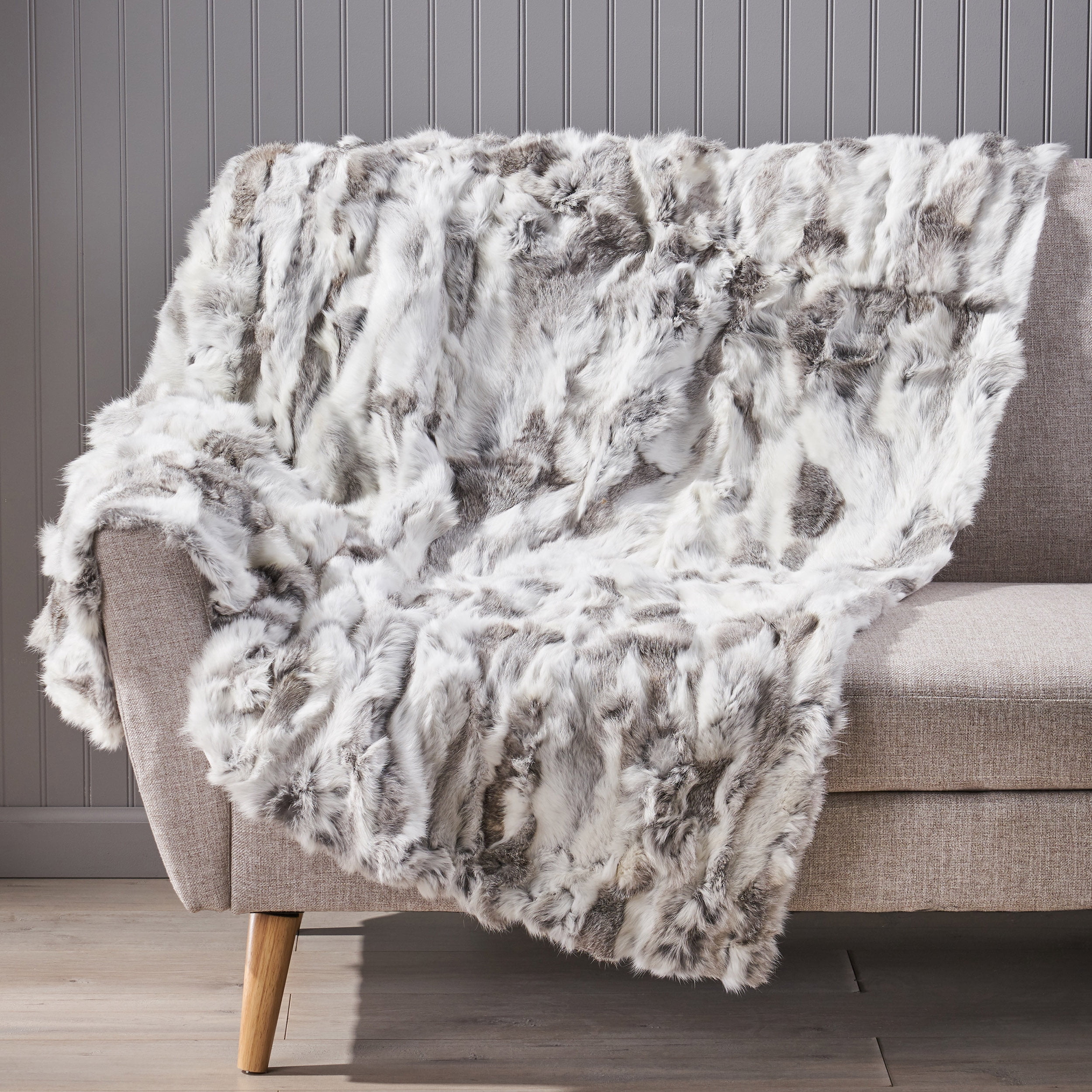 Noble House Victor Glam Fur Throw Blanket, Gray, White