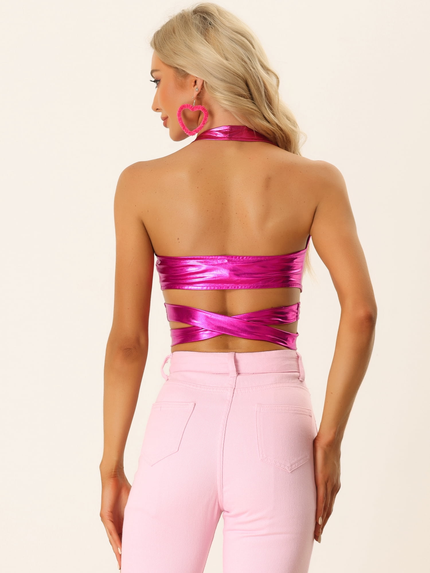 DARING DIVA Women's V-Neck Backless Metallic Crop Tops S Hot Pink
