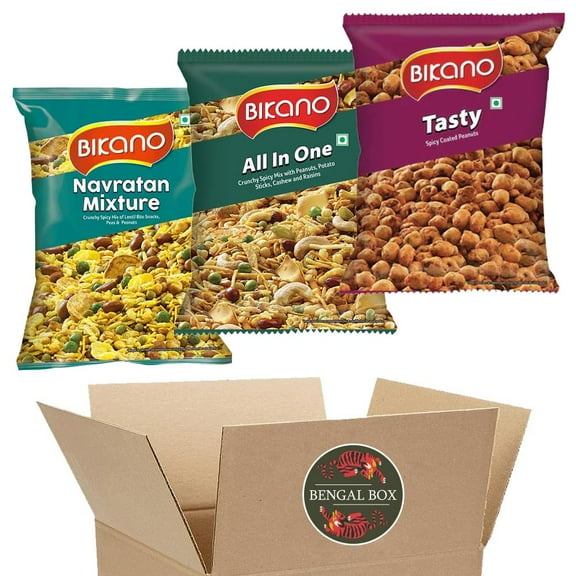BENGAL BOX Bikano Premium Indian Snack Variety Set (3 Namkeen Packs of 150g Each) - Tasty, Navratan Mixture, All in One/Indian Grocery Snack Food