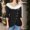 Black, variant on Off Shoulder Tops for Women Christmas Solid Color Knit Top Long Sleeve V Neck One Shoulder Button Patchwork Furry Collar Sweater Size M Green