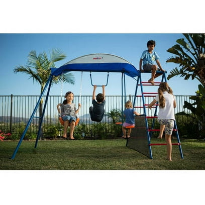 IRONKIDS Cooling Mist Inspiration 100XL Metal Swing Set with Ladder Climber and Protective Sunshade