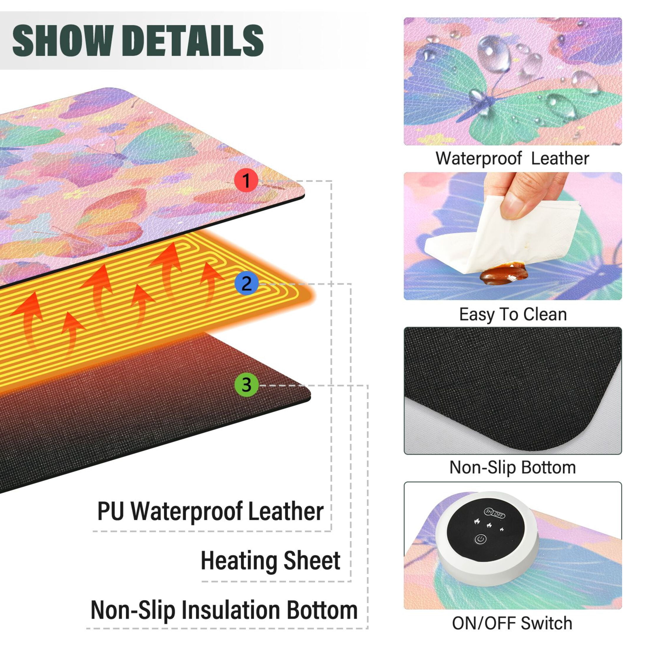 Large Heated Desk Mat Mouse Pad 31.5"x13"PU Leather Graphene Heating Desk Warmer with 3 Temperature Settings 110V US Plug Non-Slip Warm Pad for Home, Office, and Gaming Peach Pastel Butterfly Flutter