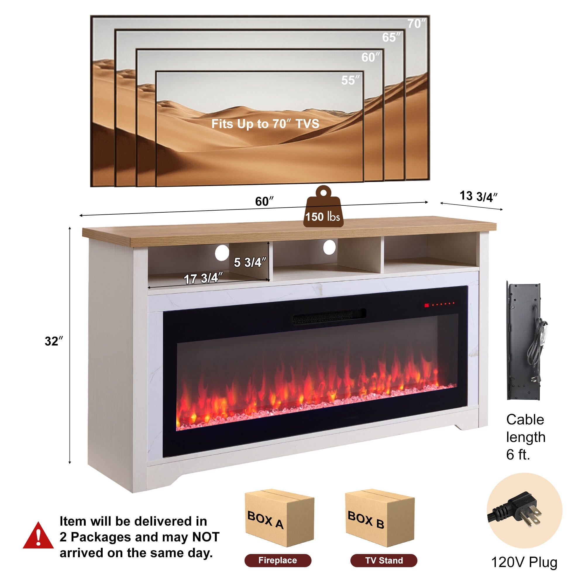Indoor Fireplace 60 inch Fireplace TV Stand for TVs up to 70",with 50"smart Electric Fireplace,white,Fireplace Accessories