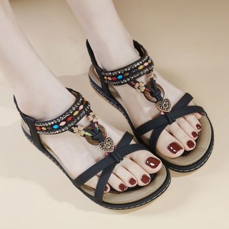 

Roman Style Sandals for Women Ladies Breathable Durable Premium PU Fish Mouth Low Wedge Waking Sandals Embroidered Bohemian Sandals Summer Fashion Casual Beach Slippper Women s Sandals & Slides