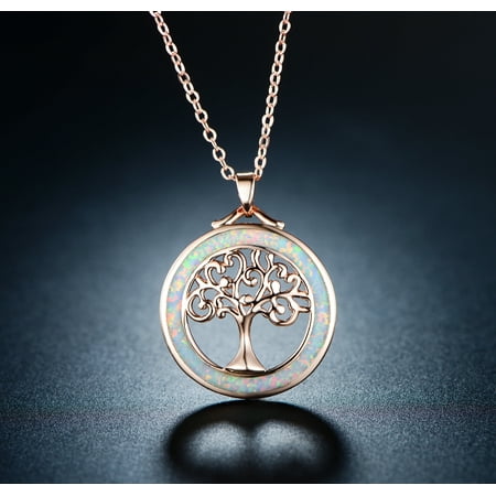 - 18K Rose Gold Plating & White Fire Opal Tree Of Life Pendant Necklace