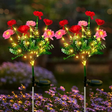 Outdoor Solar Garden Flower Lights  Artificial 7 Head Solar Powered Snow Lotus LED Stake Lights  Waterproof Decorative Lighting for Patio  Backyard  Pathway (2 Pack  Red)