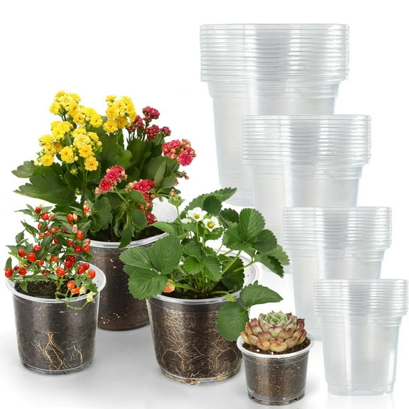 24pcs Clear Flower Pot Plastic 10CM/13CM/15CM/18CM Garden Planters Nursery Pots with Drainage Holes for Flower Plant Seedlings Transplanting