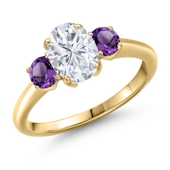 Gem Stone King 18K Yellow Gold Plated Silver Purple Amethyst Ring Set with Moissanite (2.00 Cttw)