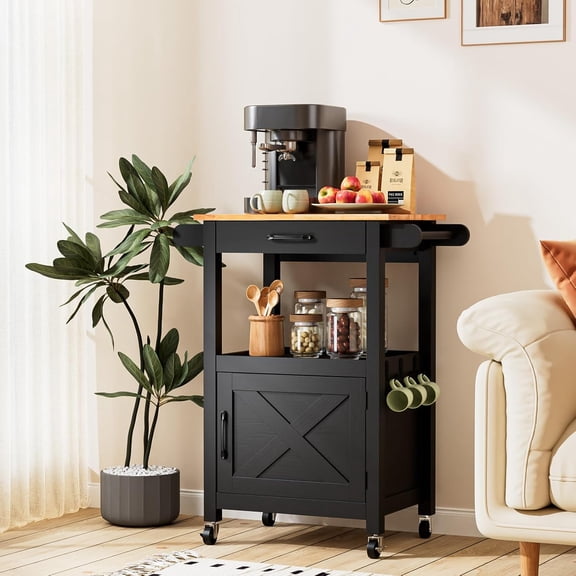 YANGLI Rolling Kitchen Cart with Microwave Stand, Storage Cabinet & Drawer, Black