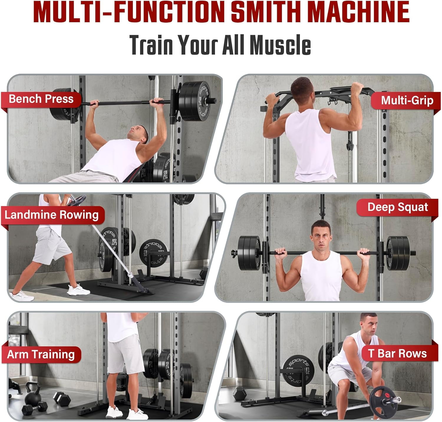 VIBESPARK Smith Machine Squat Rack, All-in-One Power Rack Cage with LAT-Pull Down System & Cable Machine, Power Cage with Barbell Bar, Weight Storage and More Attachment for Home Gym Workout