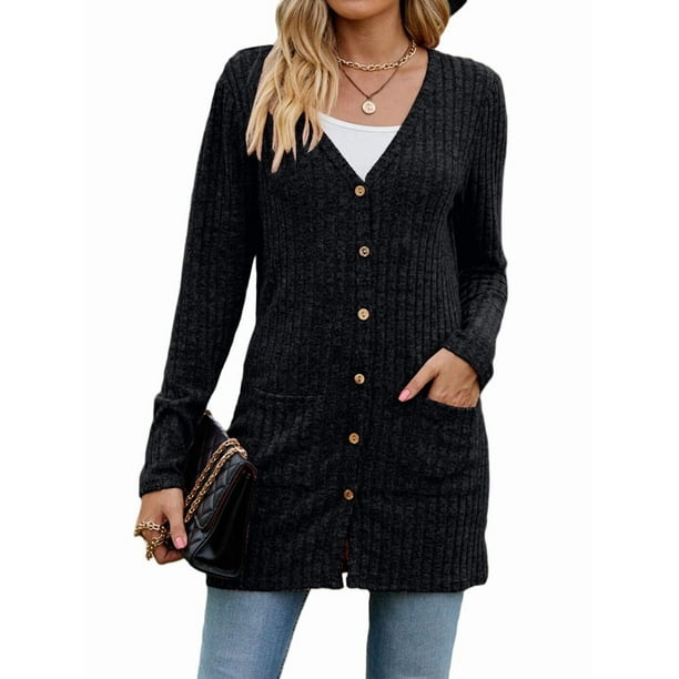 Cárdigan de Otoño para Mujer, de Punto Suave, de Larga, Abierto Al Frente y con Bolsillos. Negro XL