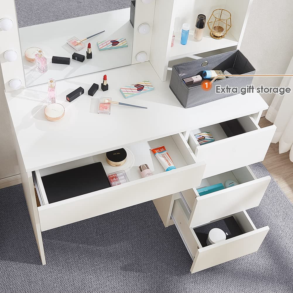 VEANERWOOD Makeup Vanity Table with 12 Lights, Vanity Desk with Lighted Mirror, 4 Large Drawers Dresser, 3 Lighting Modes Brightness Adjustable, Modern, White