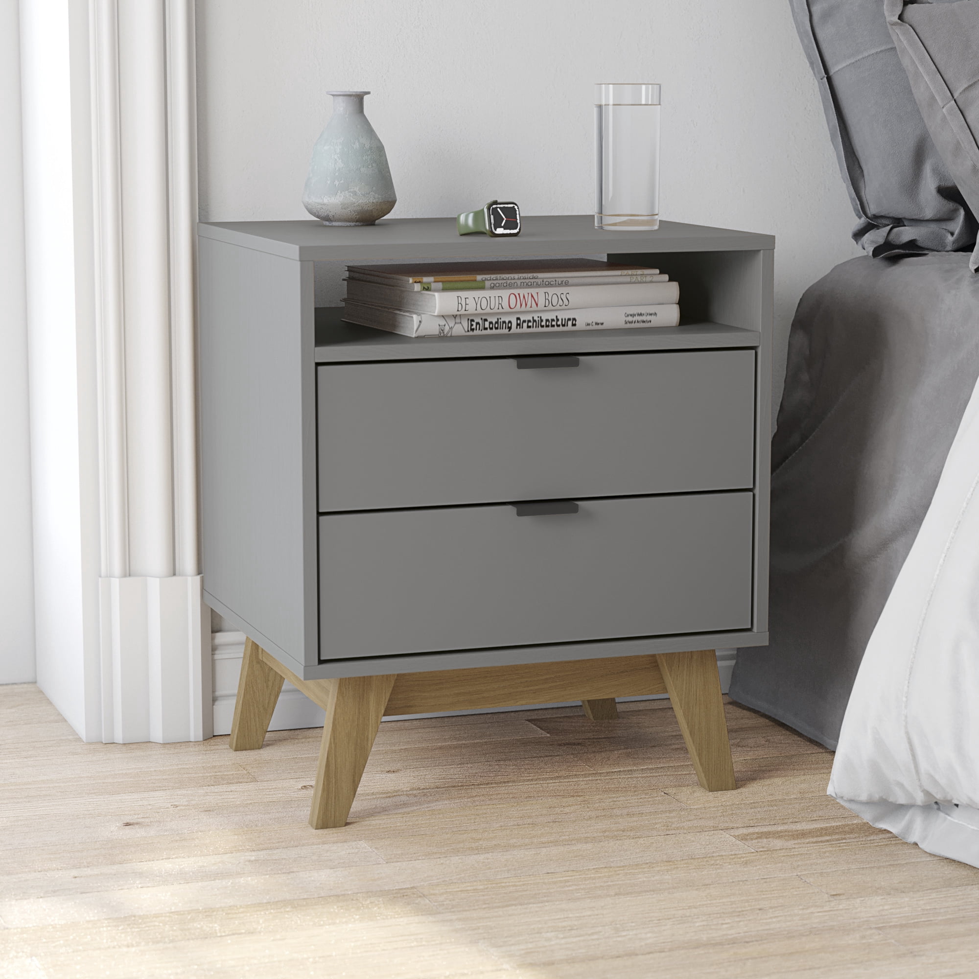 Kappesberg Hanford 2-Piece Bedroom Set – Gray Mid-Century 6-Drawer Dresser & 2-Drawer Nightstand with Shelf - for Adults and Teens