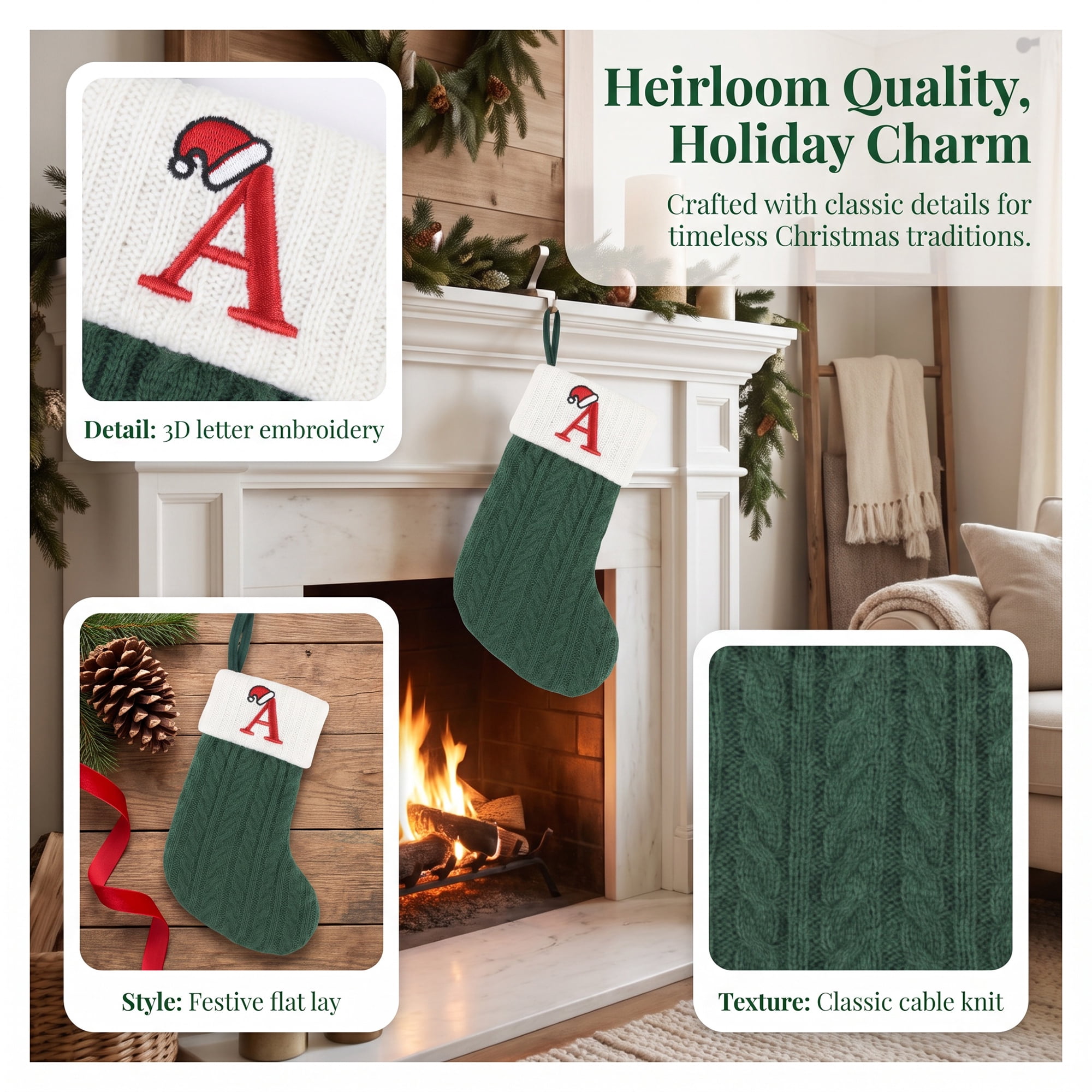 Unique Bargains Christmas Luxury Grand Hearth Accent Stocking Green Letter A 8"