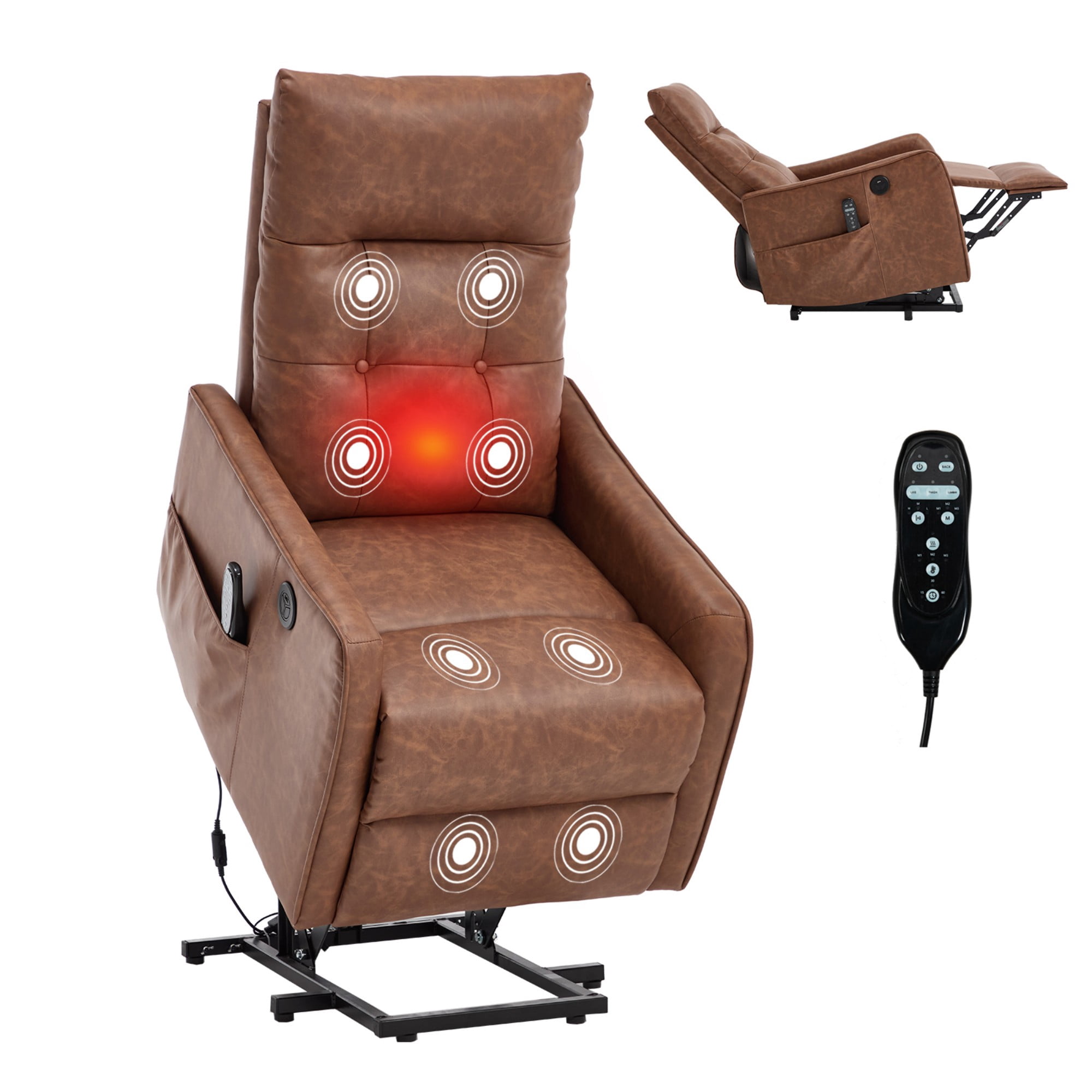 Aukfa Leather Power Lift Recliner Chair for Elderly, Single Motor Electric Chair with Massage, Heat & USB Charging Port, Brown