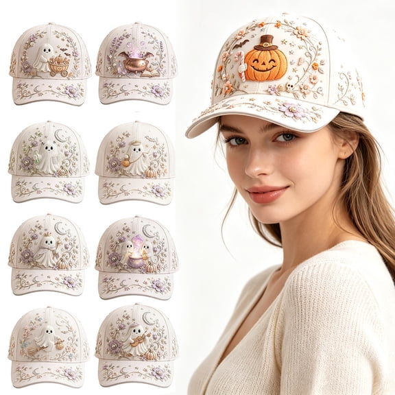 Women's Baseball Cap Halloween Sun Hat 3D Ghost Pumpkin Pattern Embroidery Casual Festival Dress-up Hat