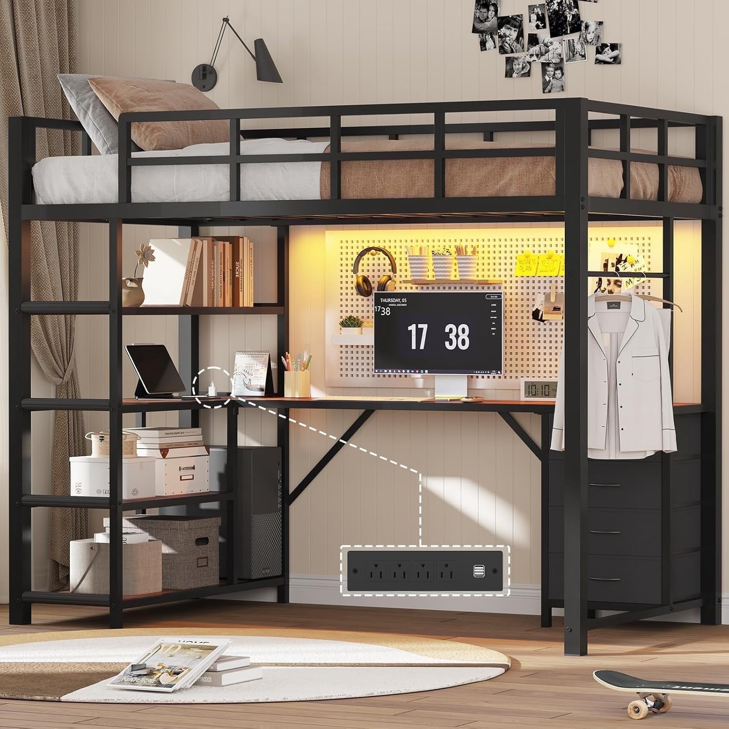 Twin Size Loft Bed with Power Outlet and LED Lights, Metal Loft Bed Frame with L Shape Desk and 4-Tier Storage Shelves, No Box Spring Needed,  Black