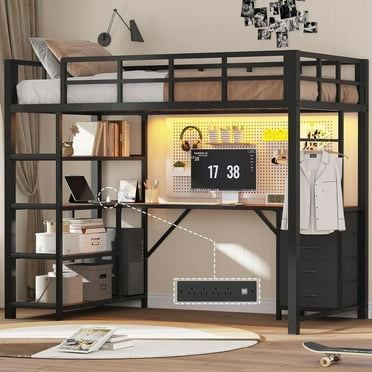 Twin Size Loft Bed with Power Outlet and LED Lights, Metal Loft Bed Frame with L Shape Desk and 4-Tier Storage Shelves, No Box Spring Needed, Space-Saving, Black