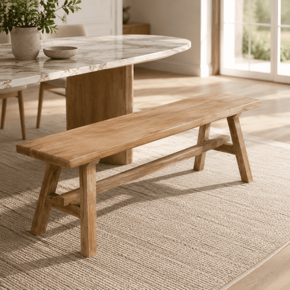 55” Rubber Wood Dining Bench, Farmhouse Solid Wood Entryway Bench, Natural
