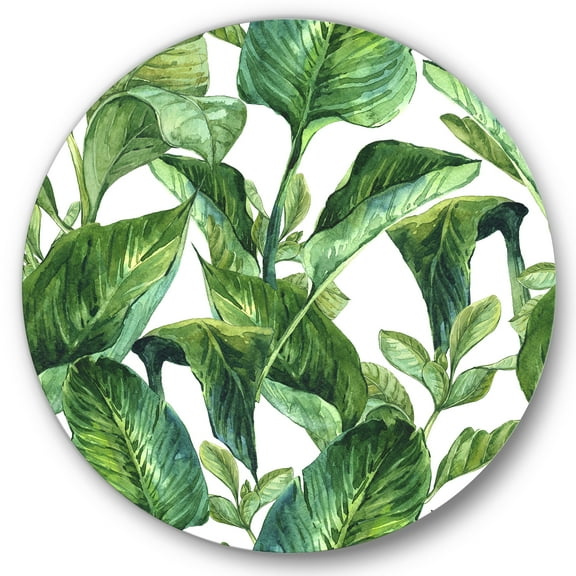 Designart 'Foliage Of Tropical Leaves On White' Tropical Circle Metal Wall Art 36x36 - Disc of 36