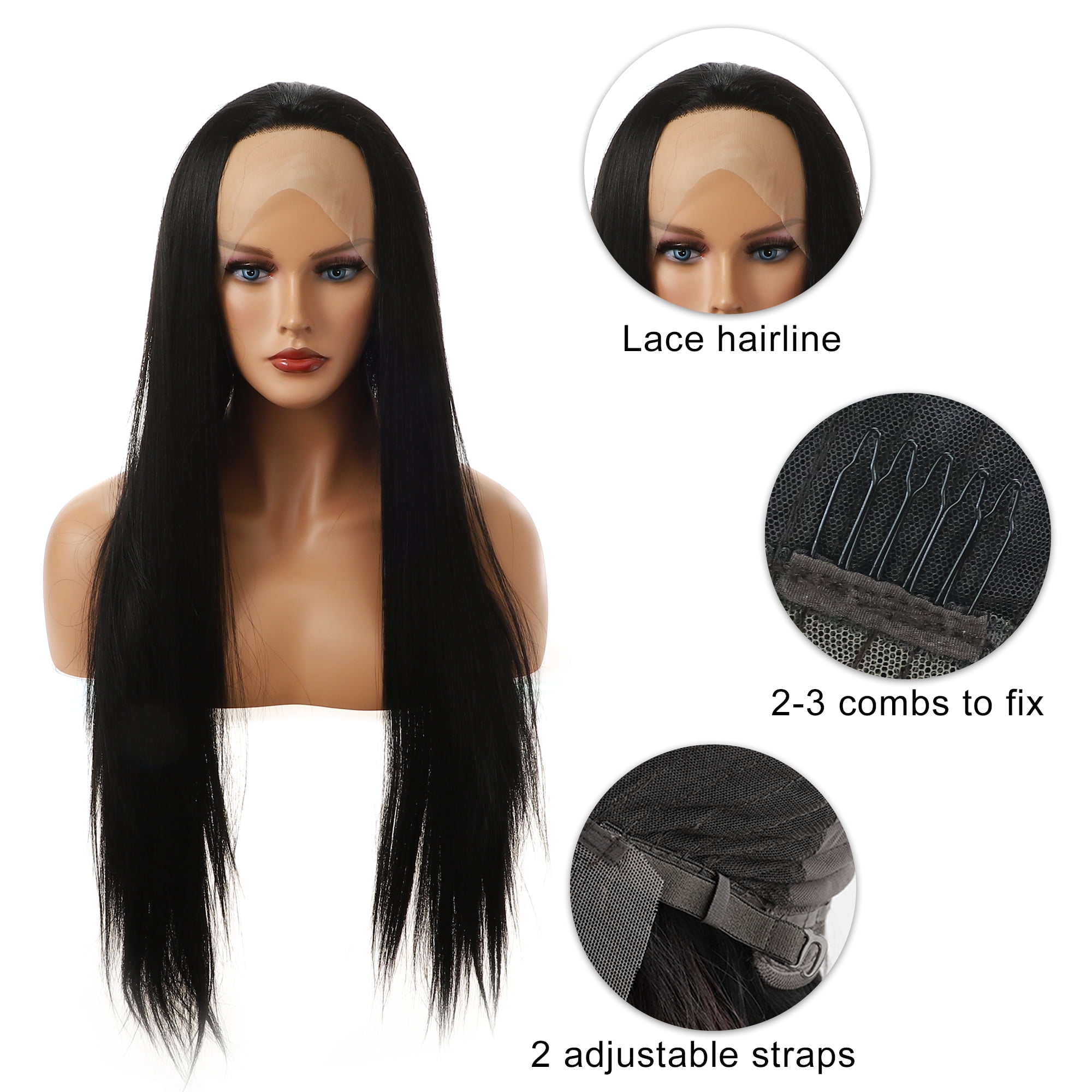 Unique Bargains Lace Front Lightweight Wigs Long Straight Hair for Women Lady Black