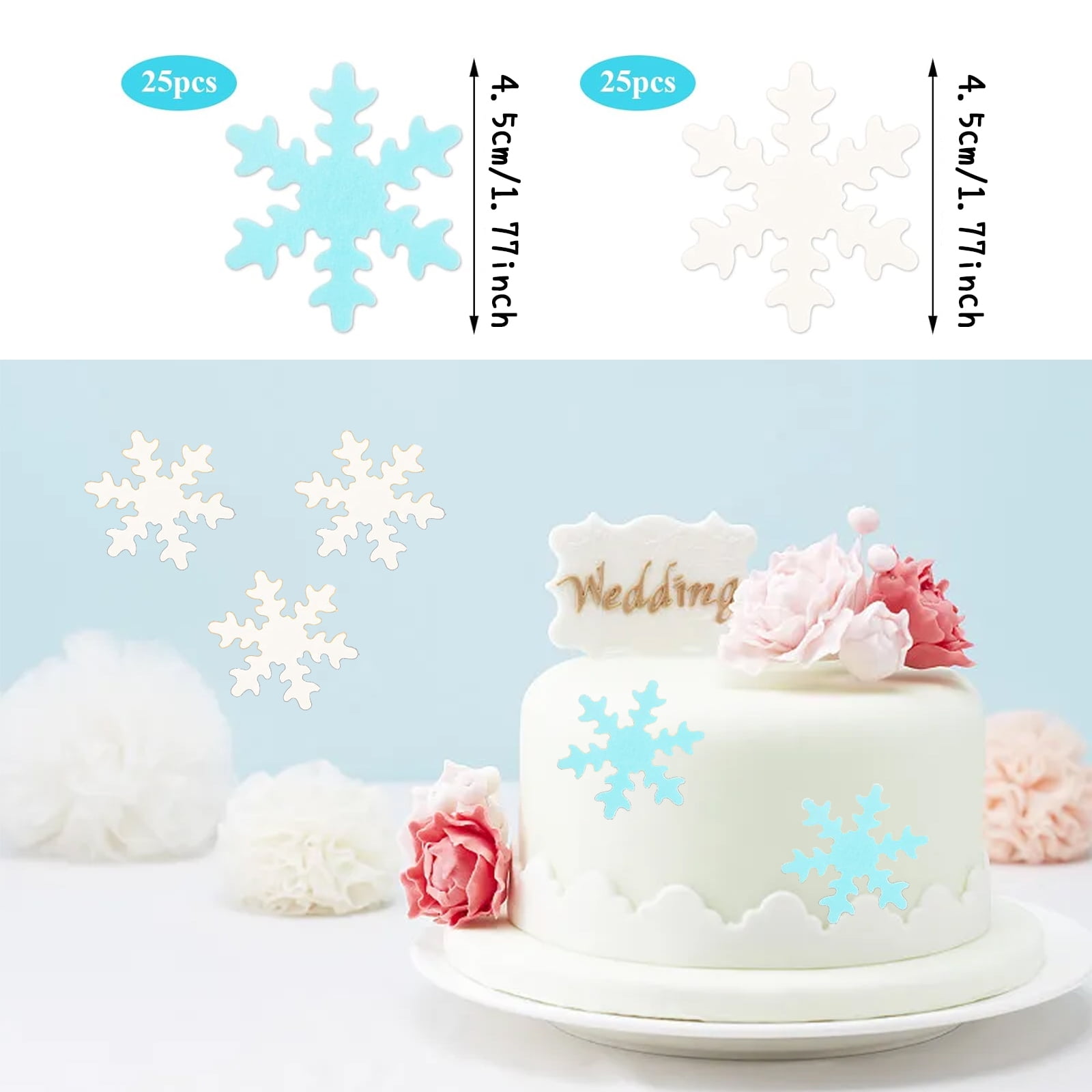 12 Pcs White Glitter Snowflake Cupcake Toppers - Winter Wonderland & Frozen Theme Birthday Cake Decorations, Paper & Toothpick