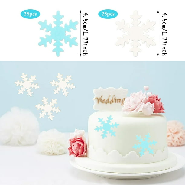 Pack de 50 toppers comestibles para cupcakes de copos de nieve, decoraciones para pasteles de copos de nieve, colores blanco y azul para elegir, decoraciones temáticas para fiestas de cumpleaños