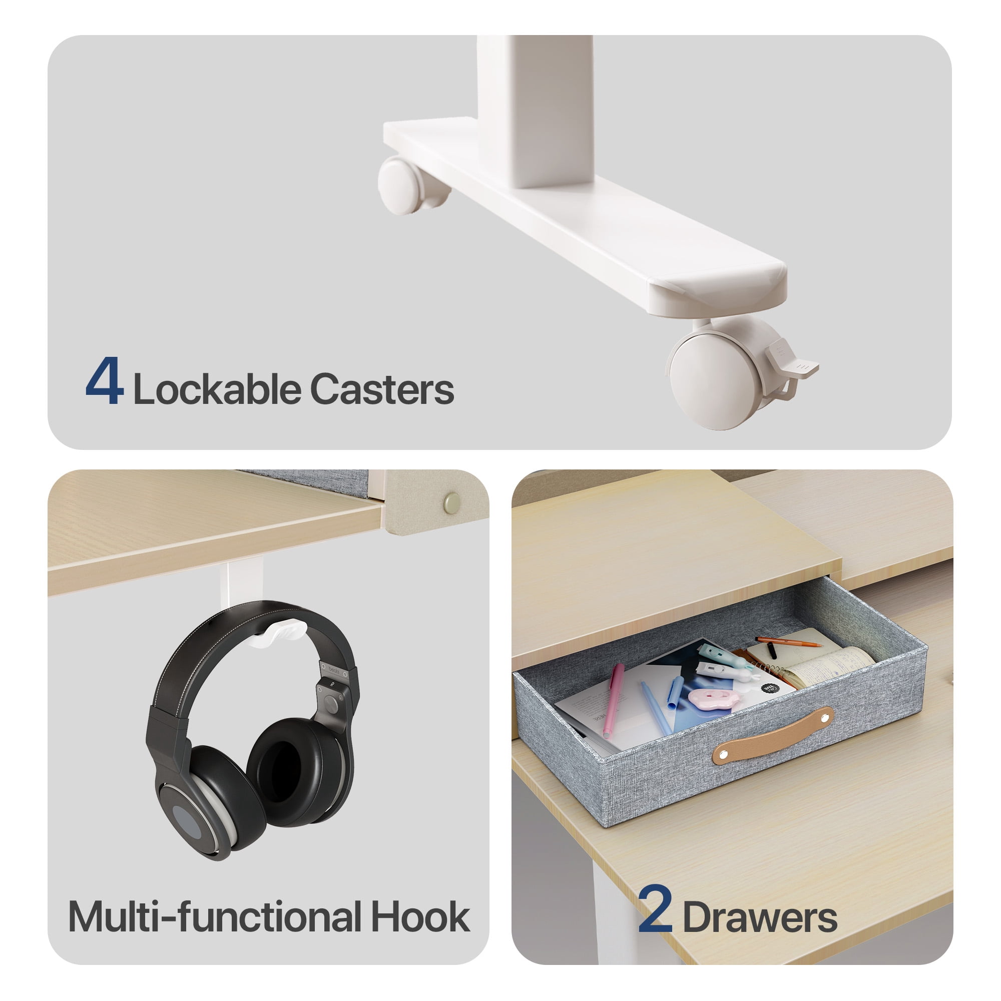 INNOVAR Large Standing Desk with 2 Drawers, 63 inch Adjustable Height Stand up Electric Rising Work Desk with Storage Shelf and 4 Wheels, Natural Wood Sit to Stand Computer Desk