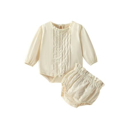 

Canrulo Newborn Baby Girls Lovely Clothes 2pcs Solid Long Sleeve Romper Tops Lace Flowers Elastic Shorts Sets Beige 12-18 Months