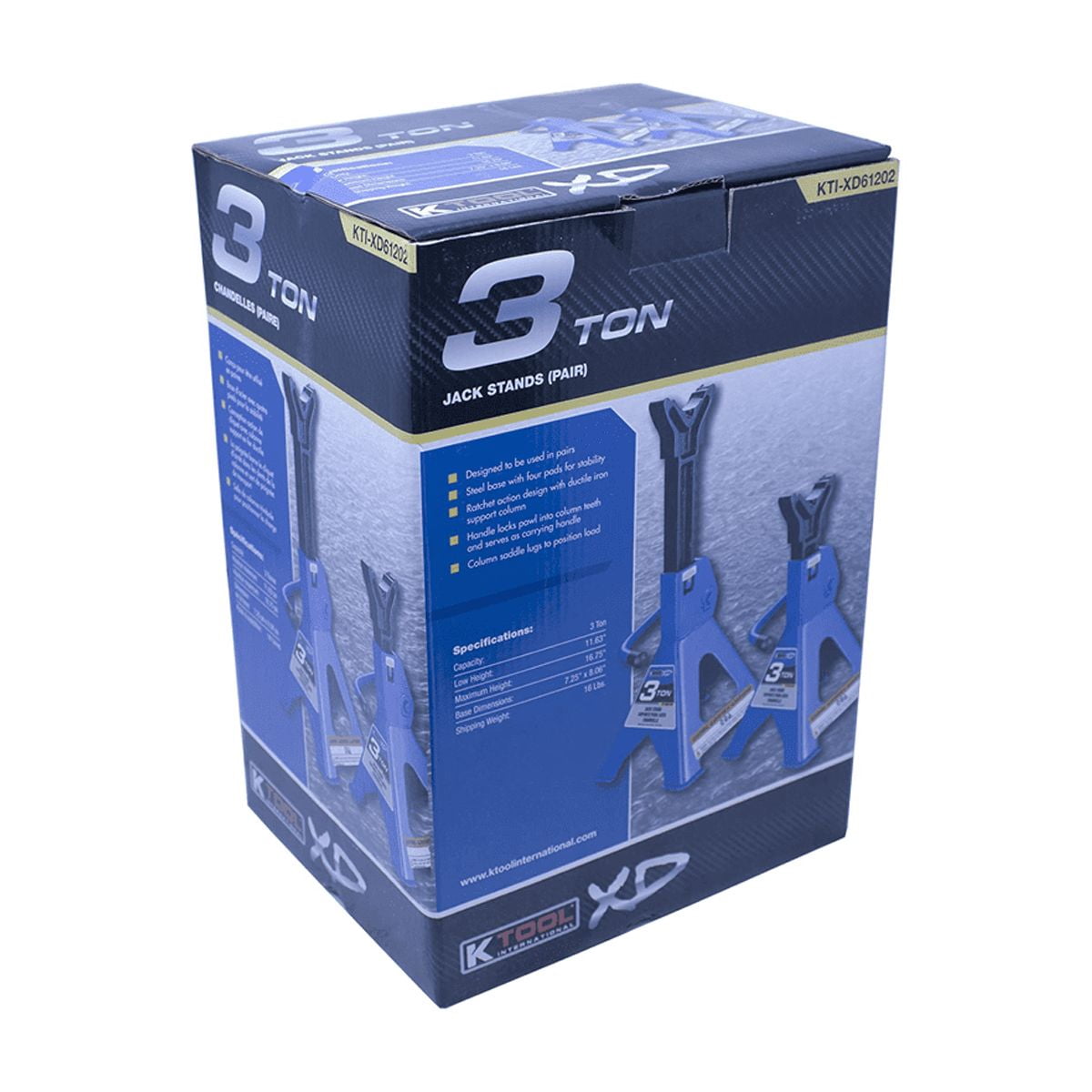 K-Tool KTIXD61202 3 Ton Jack Stands Pair, Height Ranges 11 2/5" to 16 7/10"