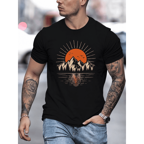 Men's Vintage Mountain Sunset Graphic Tee, Retro Nature Landscape Outdoor Adventure Short Sleeve T-Shirt