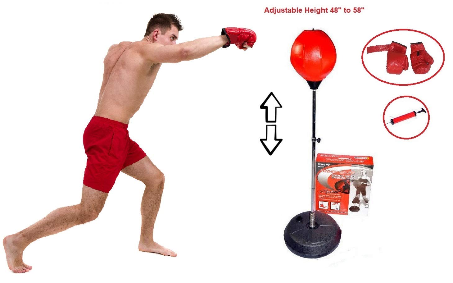 Boxing Gloves Hongwu Standing Boxing Set with Punching Ball Hand Pump Height Adjustable Base Durable Portable Design 48 to 59