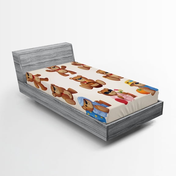 Ambesonne Cartoon Fitted Sheet, Teddy Bear Design, Twin Size, Chocolate Cream