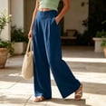 thumbnail image 3 of Women's Cotton Blend Pleated Straight Leg Pants, Elastic Waist, Side Pockets, Front Pleats, Relaxed Fit, 3 of 9