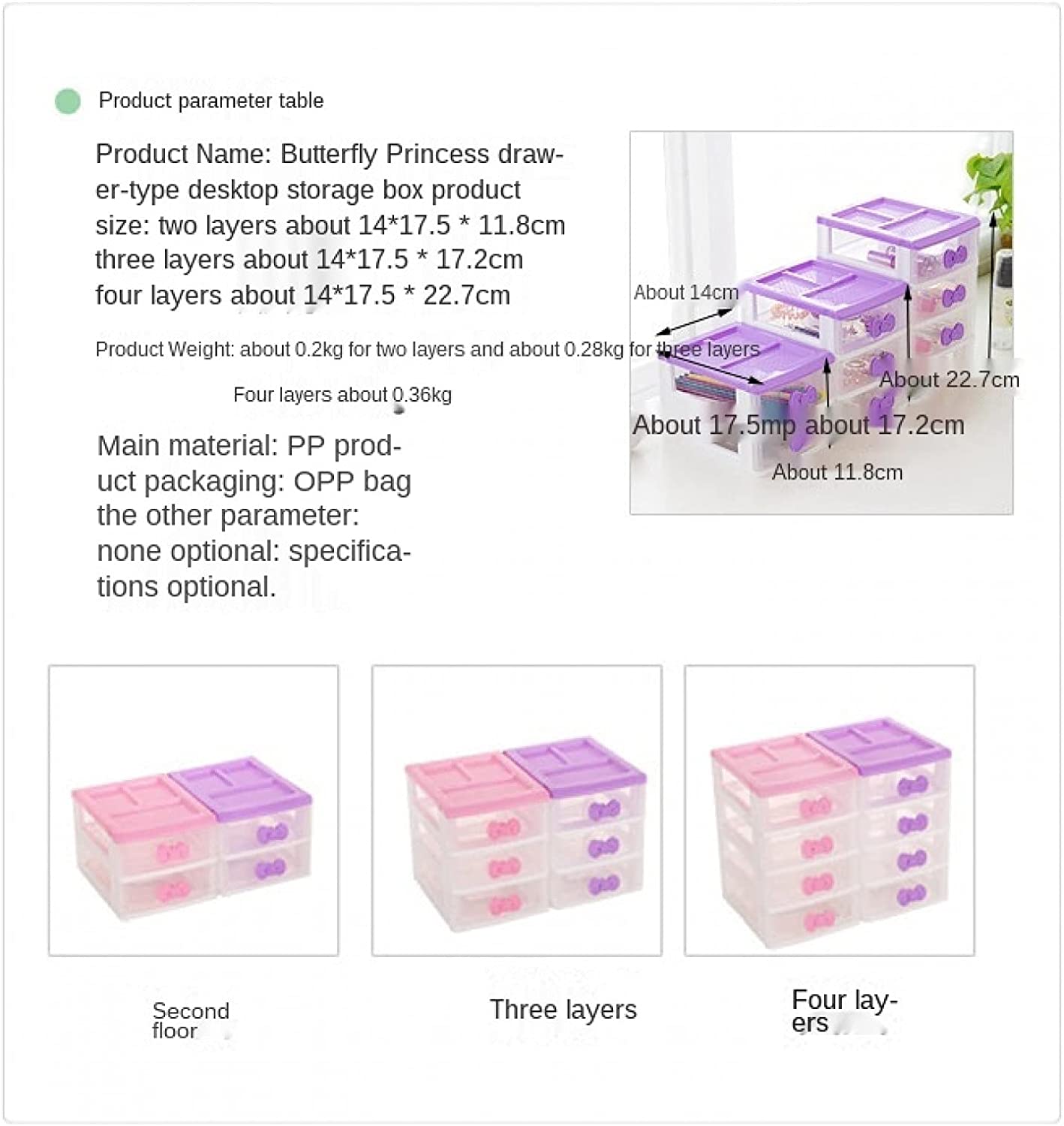 ABCISI Kawaii Desk Organizer, Kawaii Room Accessories Room Decor with Pink Bowknot , Lovely Girls Receiving Storage Cabinets Box, Room Desktop Makeup Organizer With Three-tier Desk (3 Layers)