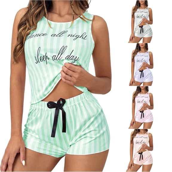 Wxolcjlv Womens Letter Stripe Pajama Set Sleeveless Crop Top Elastic Waist Sleep Shorts