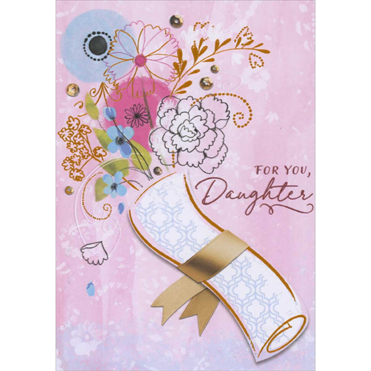 Designer Greetings Bouquet of Mixed Media Flowers Tucked Into Bronze Foil Outlined Diploma Graduation Card for Daughter