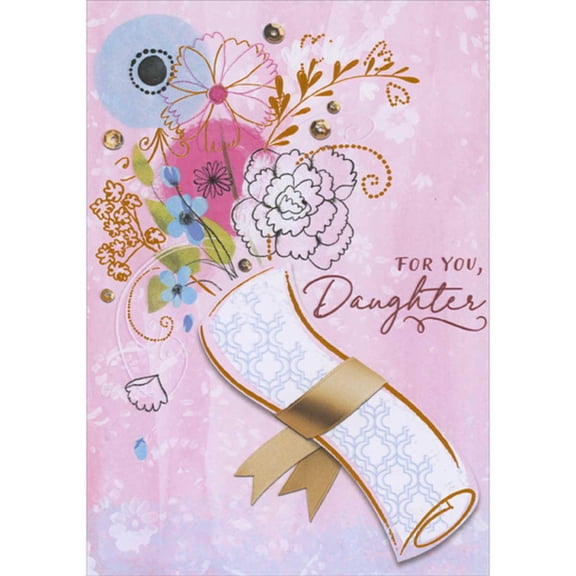 Designer Greetings Bouquet of Mixed Media Flowers Tucked Into Bronze Foil Outlined Diploma Graduation Card for Daughter